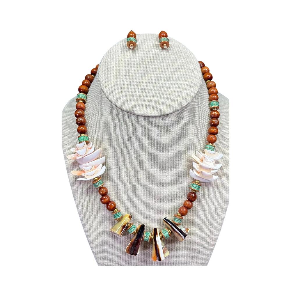 Vintage Shells, Wood, and Metal Statment  Necklace with Dangle Hook Earrings Set